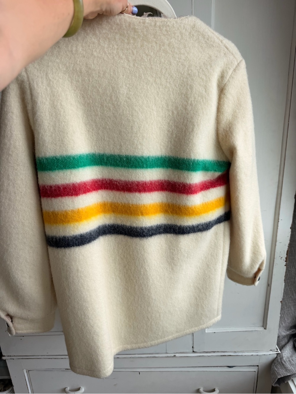 Vintage HBC Cream Wool Coat with Colorful Stripes - Picture 5 of 6